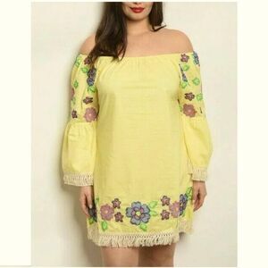 Velzera Yellow Off Shoulder Embroidered Tunic Short Dress Size 3X